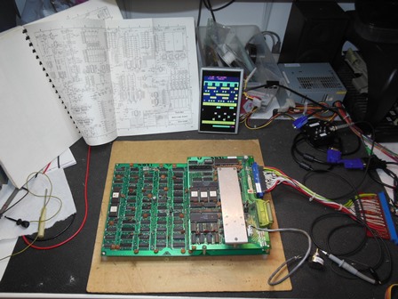 Frogger game PCB on the bench